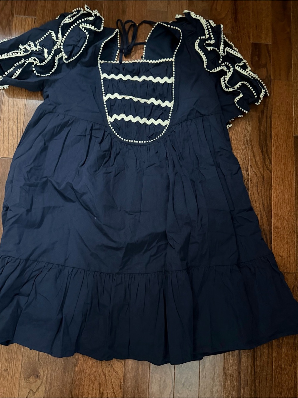 Navy Dress with Cream Trim - Stylish Ruffle Sleeve Dress